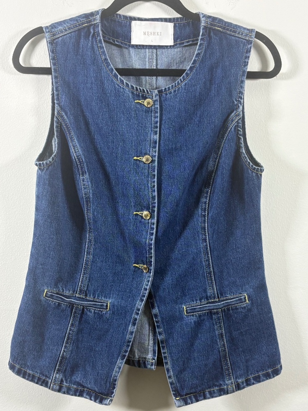 MESHKI Tailored Denim Longline Vest Top Gold Buttons Blue L